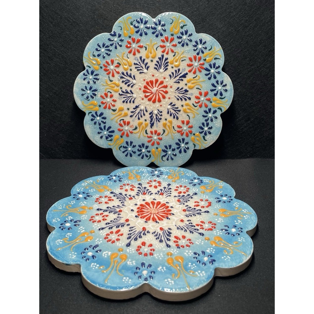 Aydin El Sanatlari Hand Painted Iznik Turkish Ceramic Floral Trivets 7" Set Two